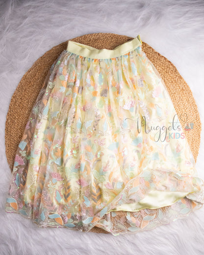 Pre Order: Baby Pink One Shoulder Crop Top and Mellon Yellow Sequined lehenga Set