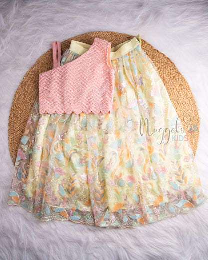 Pre Order: Baby Pink One Shoulder Crop Top and Mellon Yellow Sequined lehenga Set