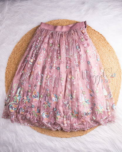 Pre Order: Pink Embroidery Halter Neck Top And Salmon Sequined Lehenga Set