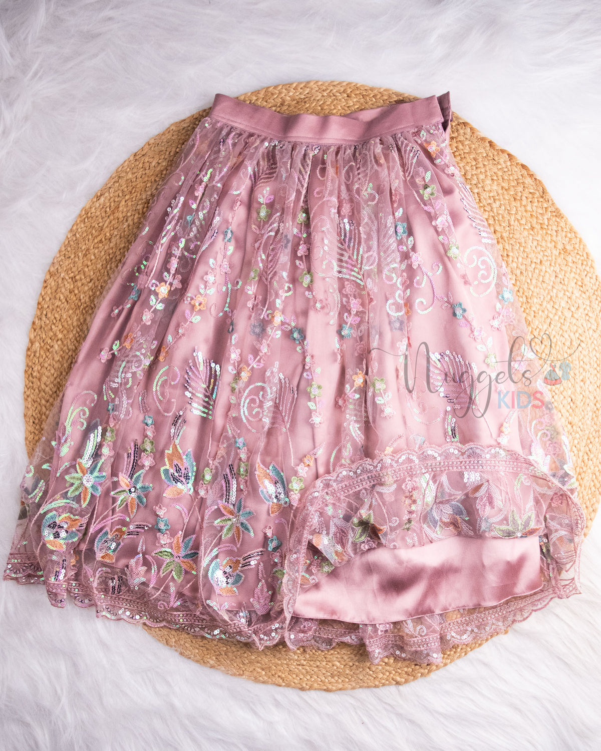 Pre Order: Pink Embroidery Halter Neck Top And Salmon Sequined Lehenga Set