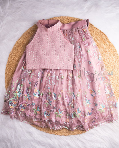 Pre Order: Pink Embroidery Halter Neck Top And Salmon Sequined Lehenga Set