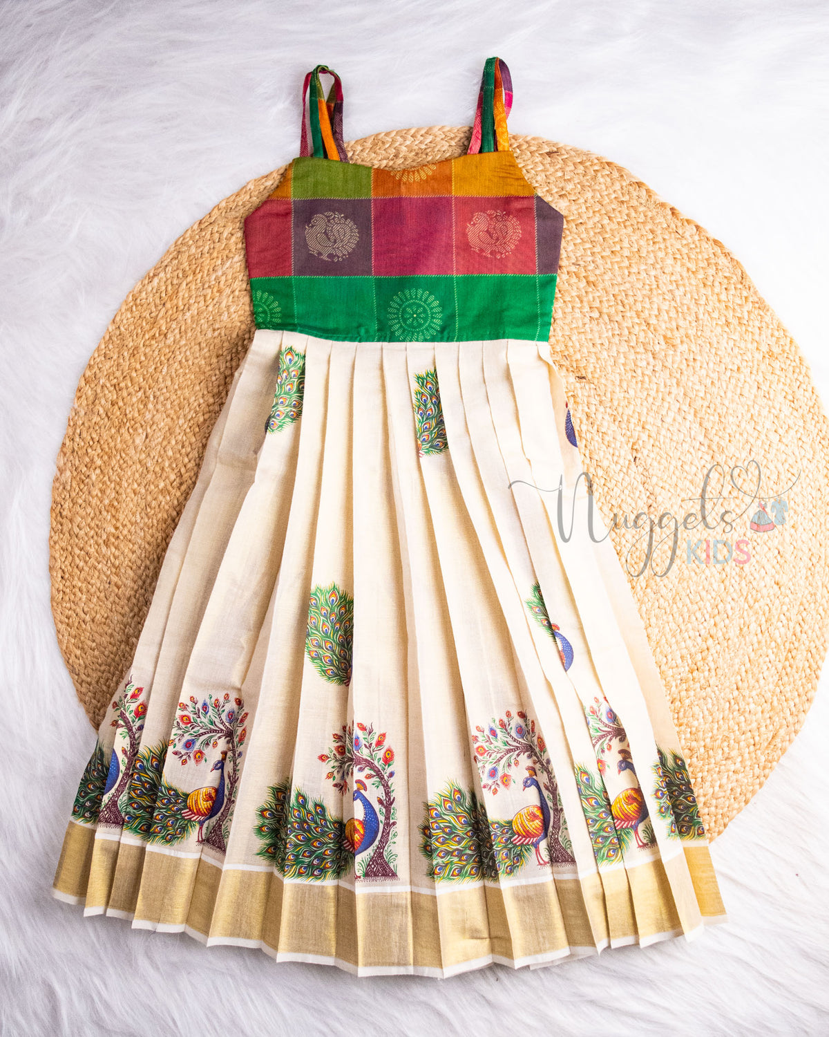 Pre Order: Green Chanderi Cotton Yoke and Printed Golden Kasavu Tissue Gown