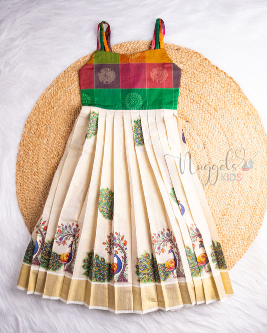 Pre Order: Green Chanderi Cotton Yoke and Printed Golden Kasavu Tissue Gown