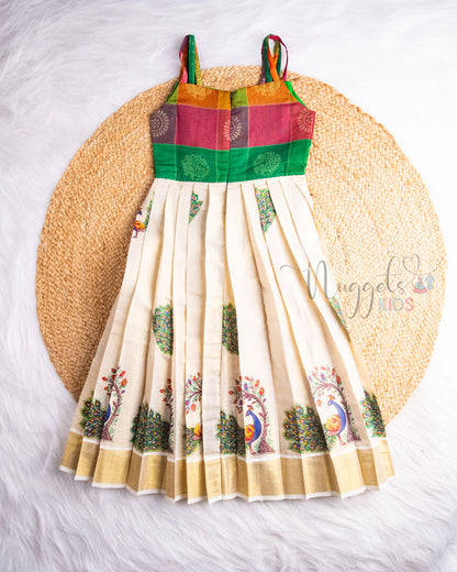 Pre Order: Green Chanderi Cotton Yoke and Printed Golden Kasavu Tissue Gown