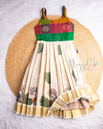 Pre Order: Green Chanderi Cotton Yoke and Printed Golden Kasavu Tissue Gown