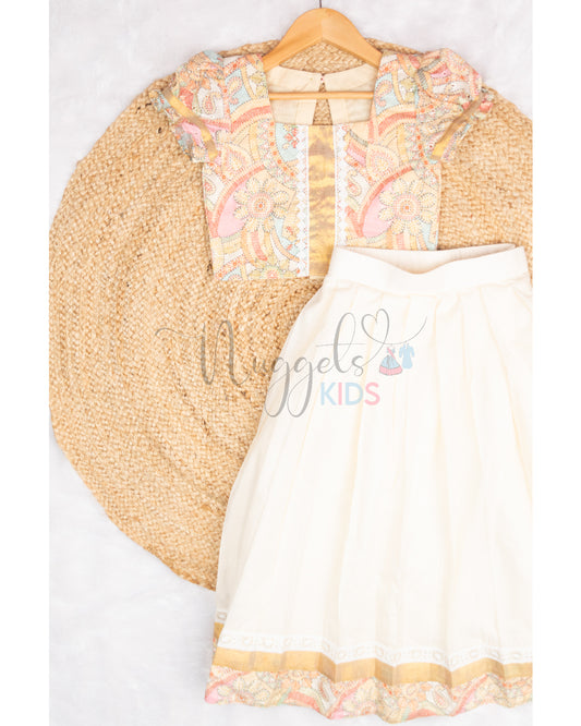 Pre Order: Hakoba Bordered Kasavu Cotton Skirt and Hakoba crop top with short puff sleeves