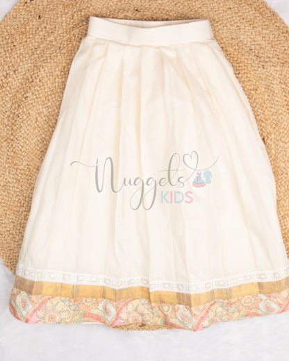 Pre Order: Hakoba Bordered Kasavu Cotton Skirt and Hakoba crop top with short puff sleeves