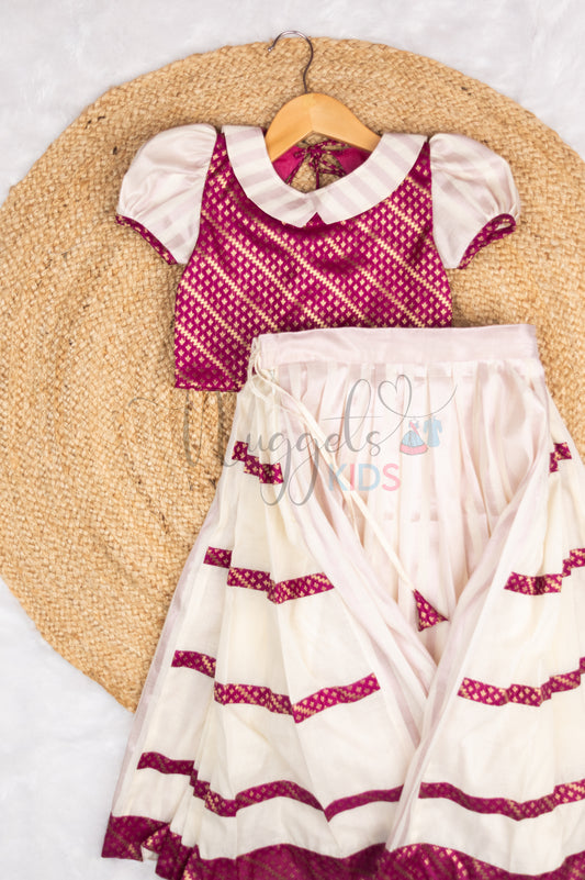 Pre Order: Designer Pleated Pink Kasavu Skirt with secret pleats on the sides and brocade puff sleeved crop top