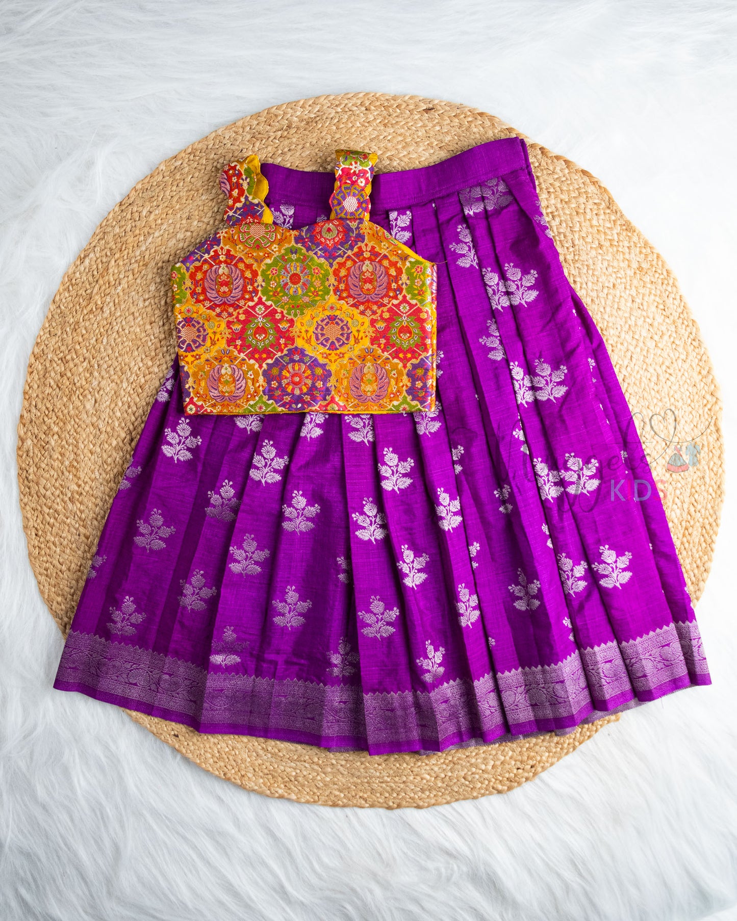 Ready to Ship: Yellow Kim Khab Scallop Sleeveless Top And Deep Purple Banarasi Lehenga