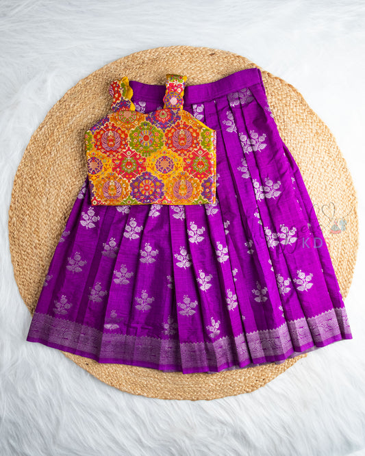 Ready to Ship: Yellow Kim Khab Scallop Sleeveless Top And Deep Purple Banarasi Lehenga