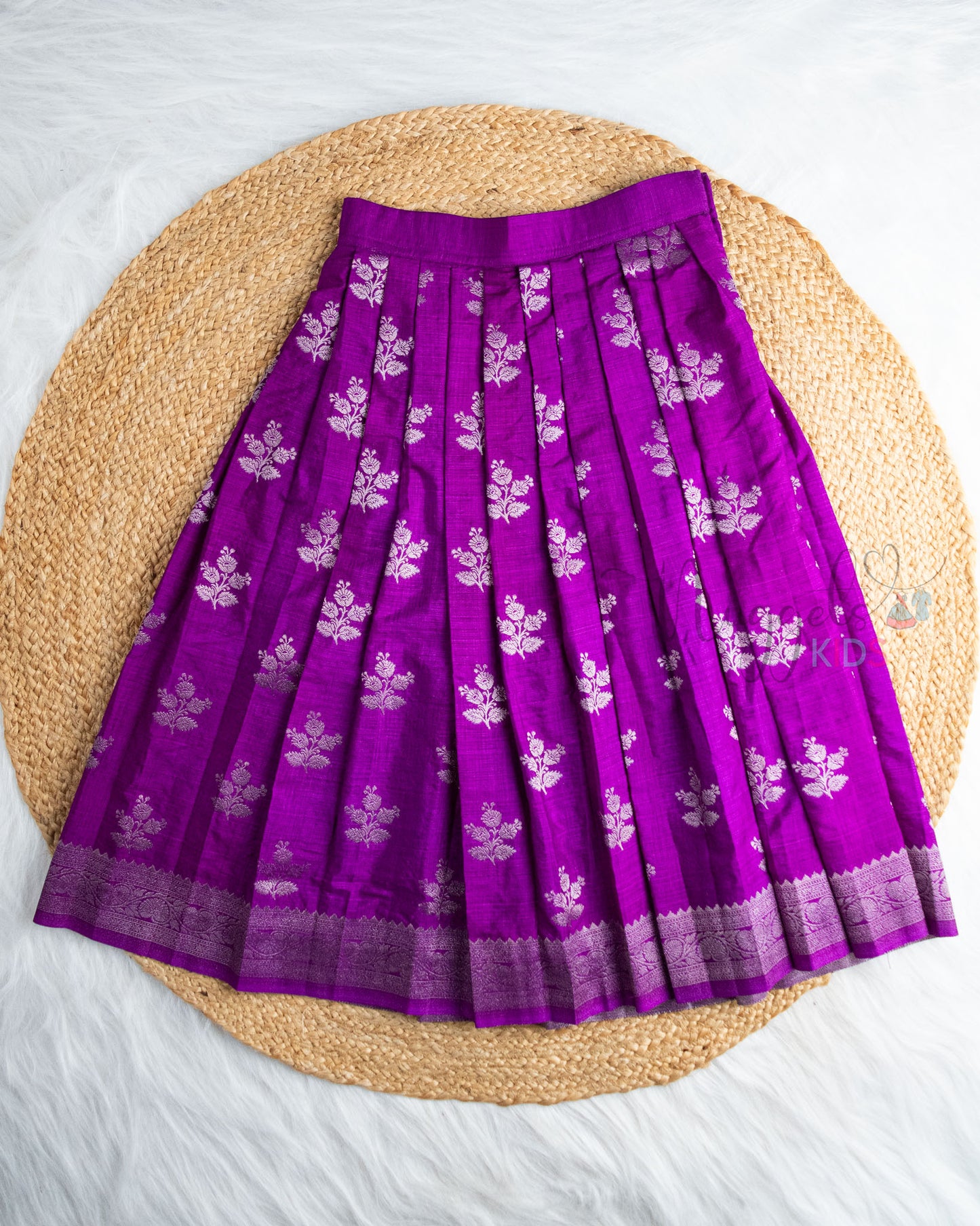 Ready to Ship: Yellow Kim Khab Scallop Sleeveless Top And Deep Purple Banarasi Lehenga