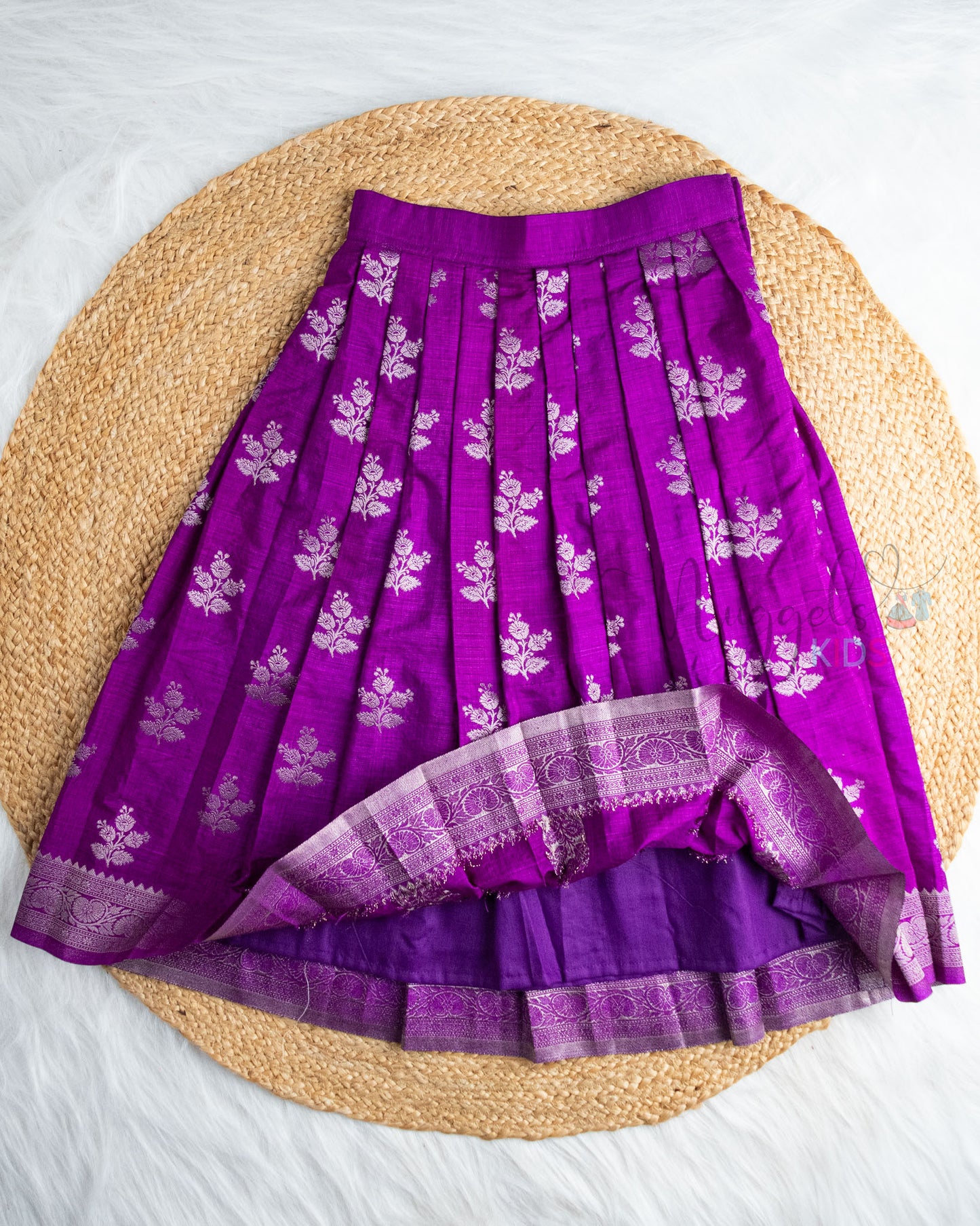 Ready to Ship: Yellow Kim Khab Scallop Sleeveless Top And Deep Purple Banarasi Lehenga