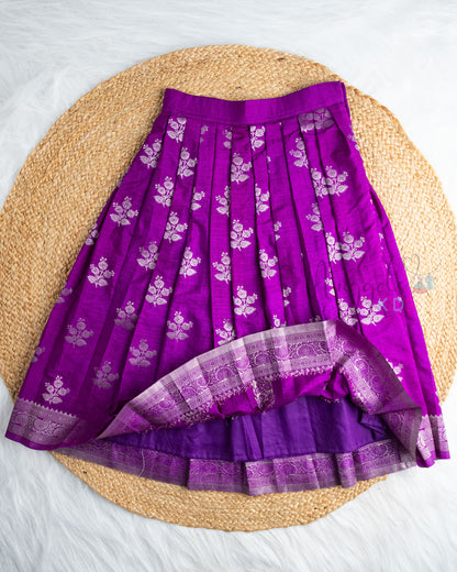 Ready to Ship: Yellow Kim Khab Scallop Sleeveless Top And Deep Purple Banarasi Lehenga