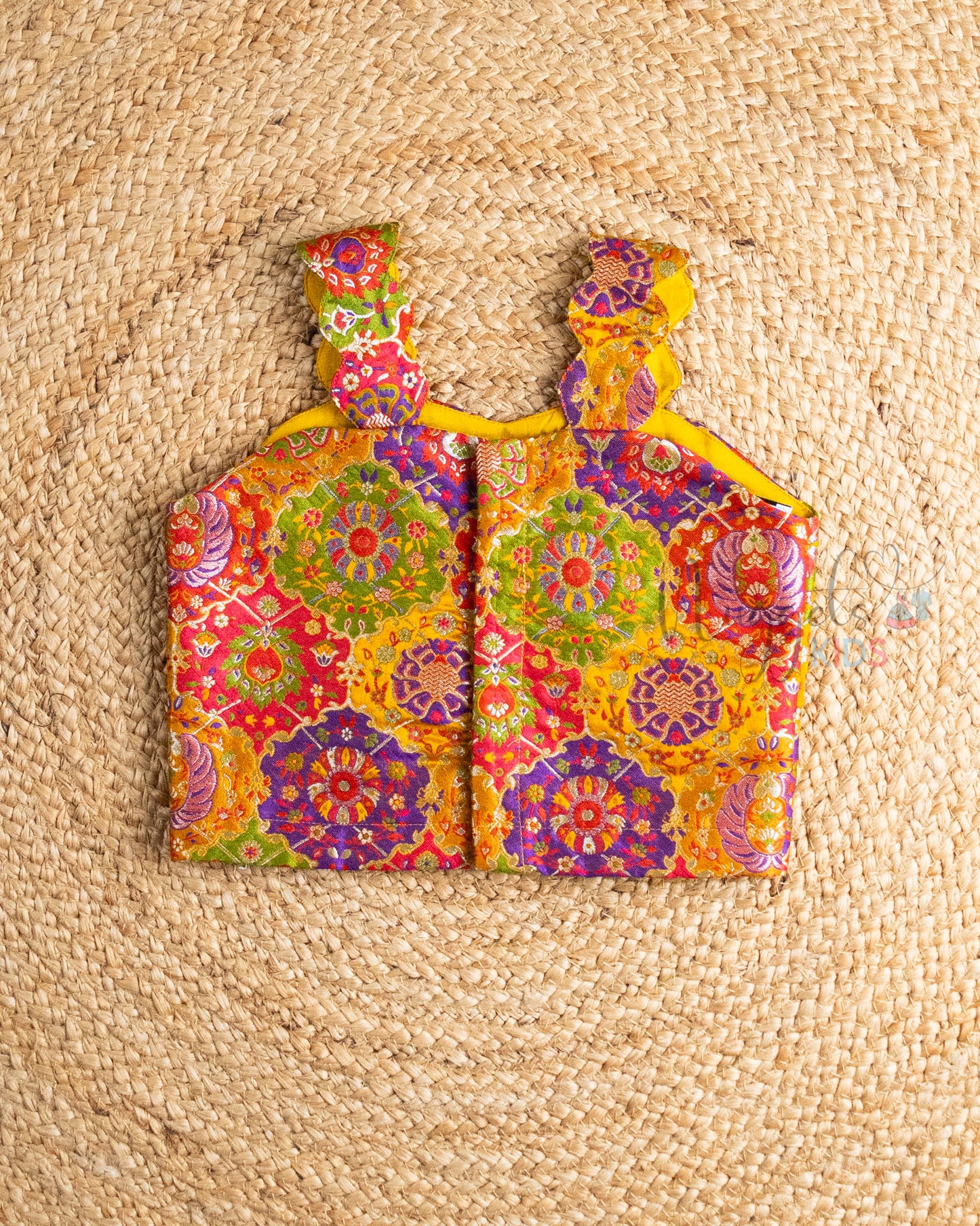 Ready to Ship: Yellow Kim Khab Scallop Sleeveless Top And Deep Purple Banarasi Lehenga