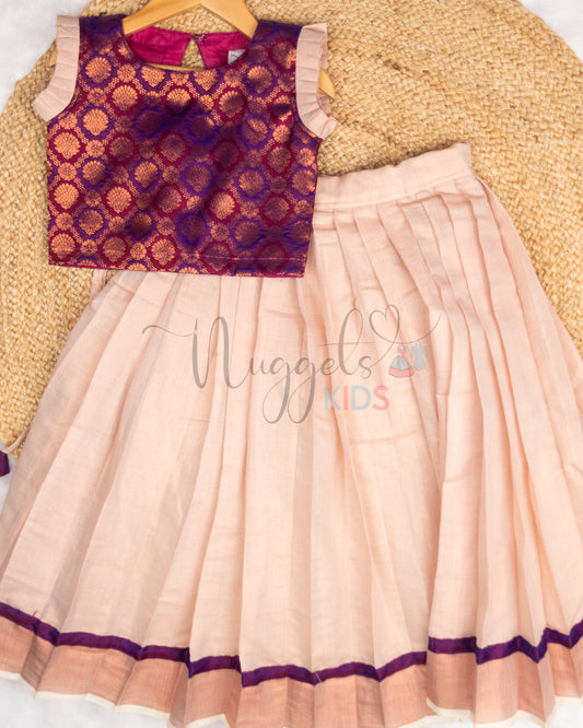 Pre Order: Bordered Copper Kasavu Tissue Skirt and brocade crop top with pleated short sleeves