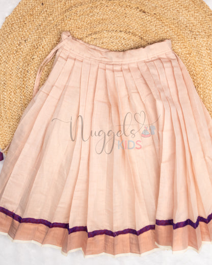 Pre Order: Bordered Copper Kasavu Tissue Skirt and brocade crop top with pleated short sleeves