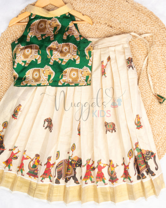 Pre Order: Elephant Kasavu set with Halter neck top and Pleated Tissue skirt