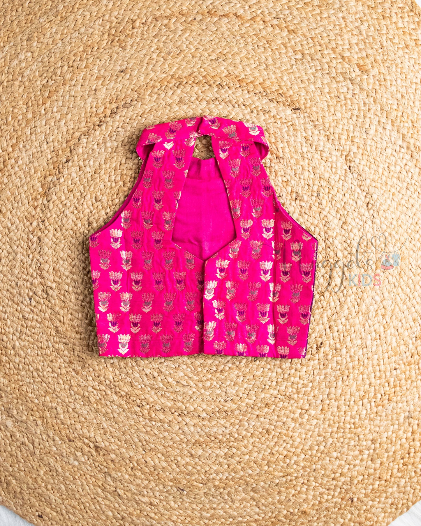 Ready to Ship: Pink Brocade Yoke And Raw Silk Patch work Designer Halter Neck Top and Golden Kasavu Lehenga
