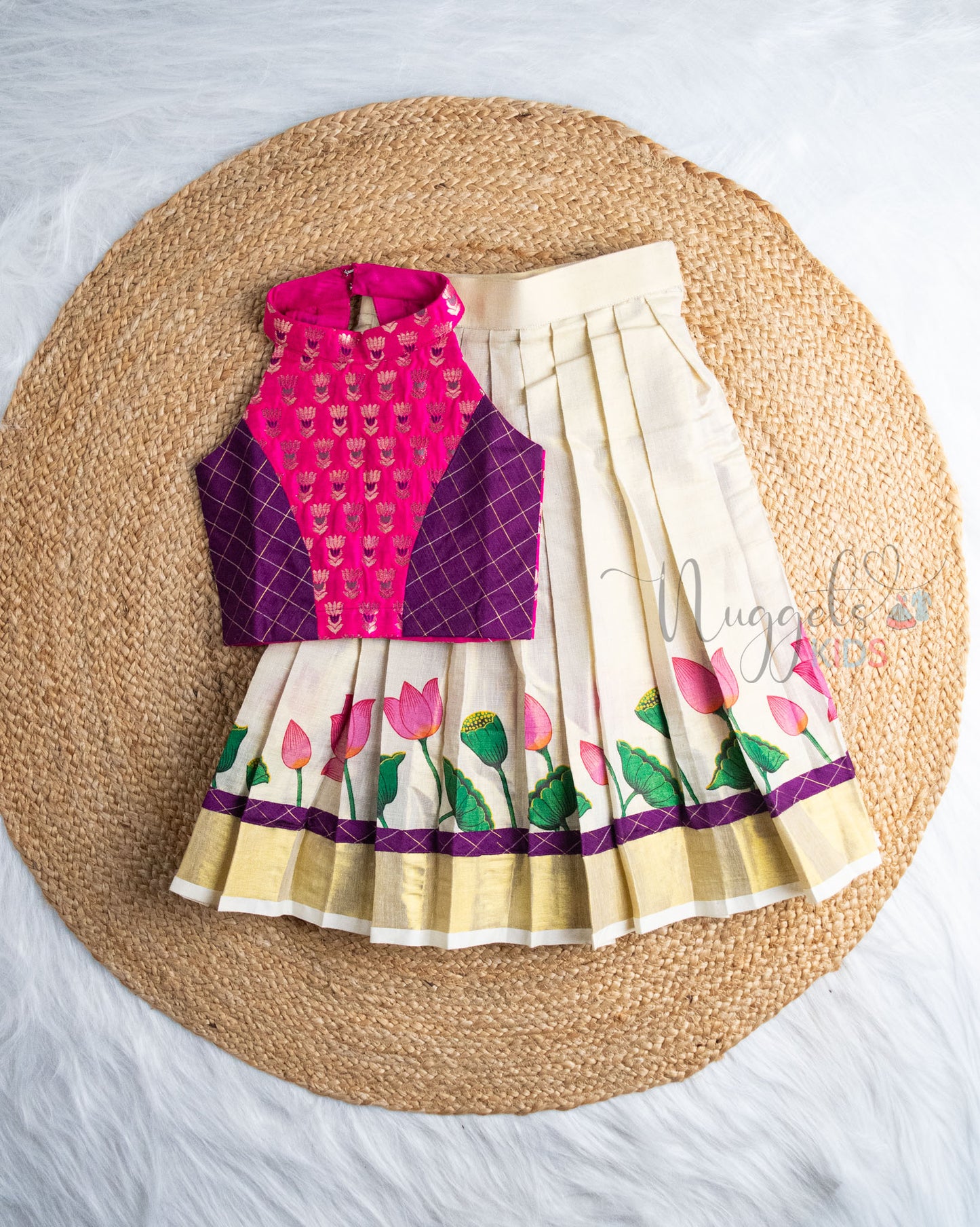 Ready to Ship: Pink Brocade Yoke And Raw Silk Patch work Designer Halter Neck Top and Golden Kasavu Lehenga