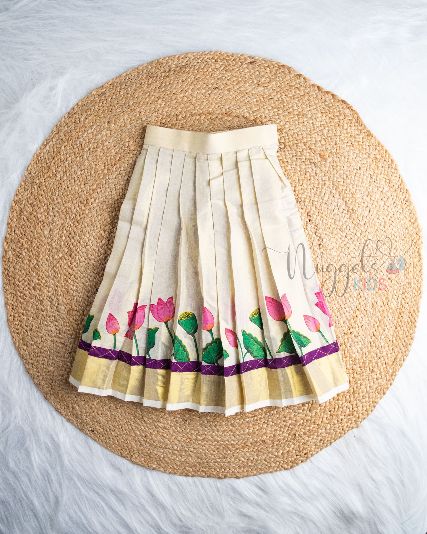 Ready to Ship: Pink Brocade Yoke And Raw Silk Patch work Designer Halter Neck Top and Golden Kasavu Lehenga