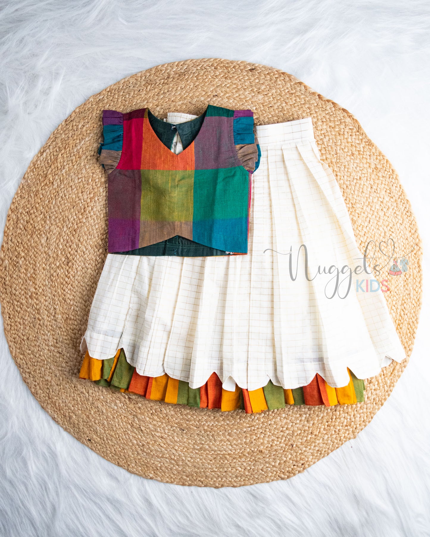 Ready to Ship: Madras Checks Cotton Top  And Golden Checks Scalloped Lehenga