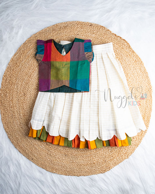 Ready to Ship: Madras Checks Cotton Top  And Golden Checks Scalloped Lehenga