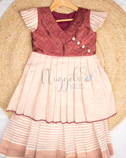 Pre Order: Angrakha style Two Layered Frock with brocade yoke and Copper cotton and tissue flare