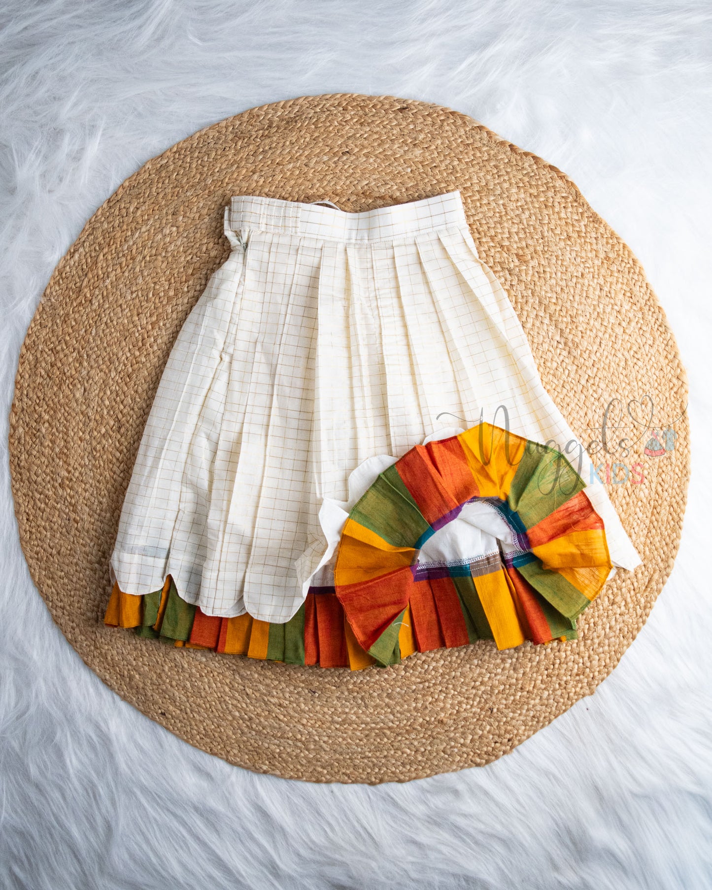 Ready to Ship: Madras Checks Cotton Top  And Golden Checks Scalloped Lehenga