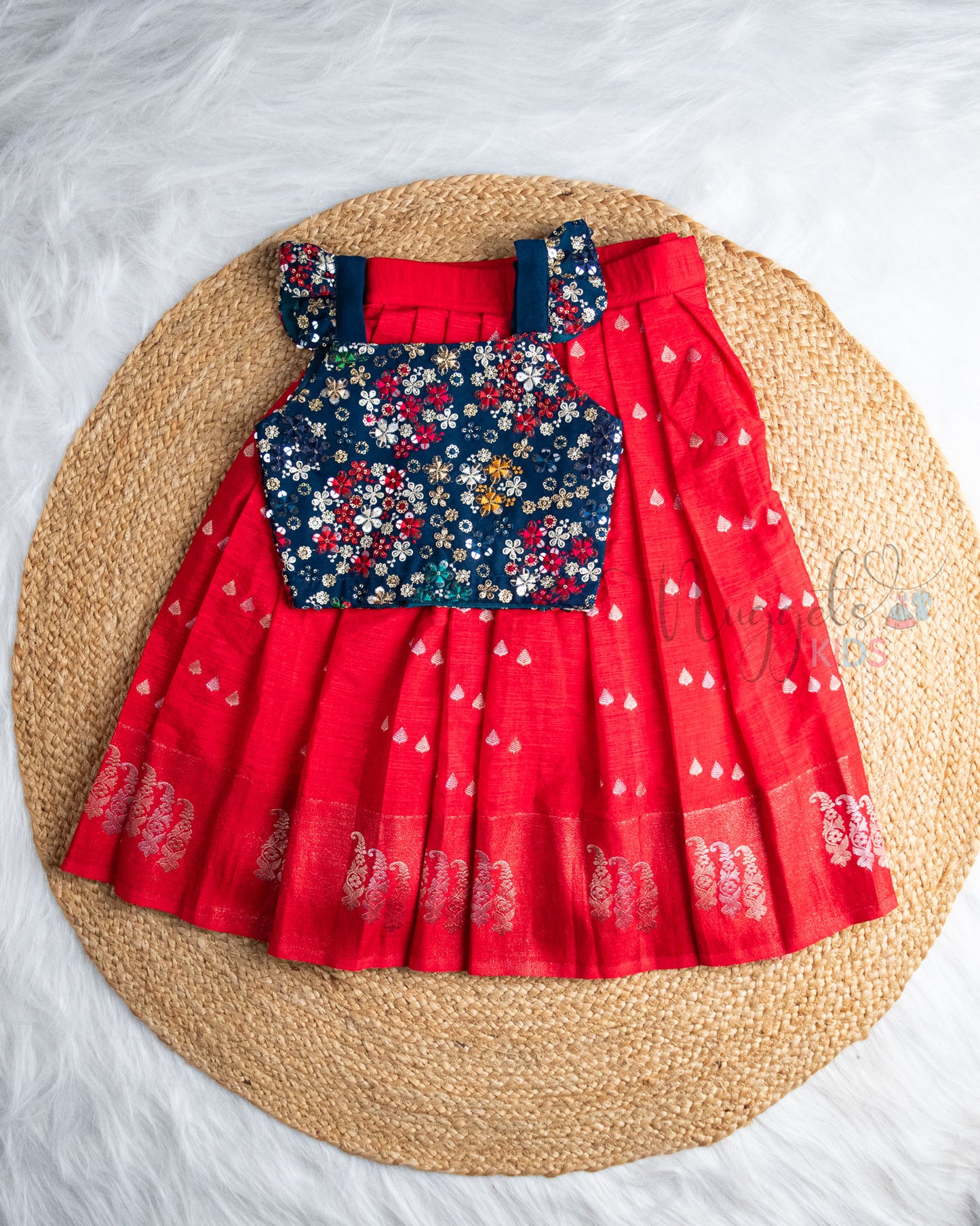 Ready to Ship: Ink Blue Designer Top And Red Banarasi Silk Lehenga