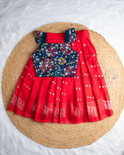 Ready to Ship: Ink Blue Designer Top And Red Banarasi Silk Lehenga