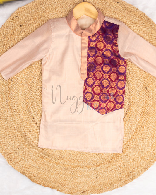 Pre Order: Copper Kasavu Kurta with One sided Jamun Brocade Patch and Copper Dhoti with taping brocade detailing