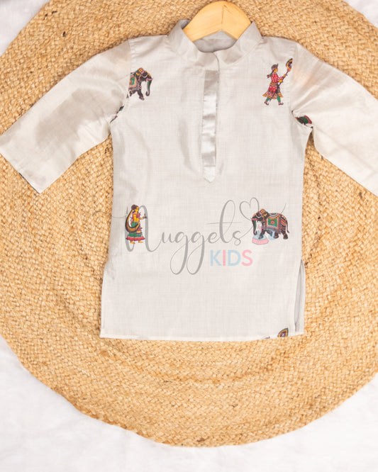 Pre Order: Silver Printed Kasavu Kurta and Bordered Patola Dhoti Set