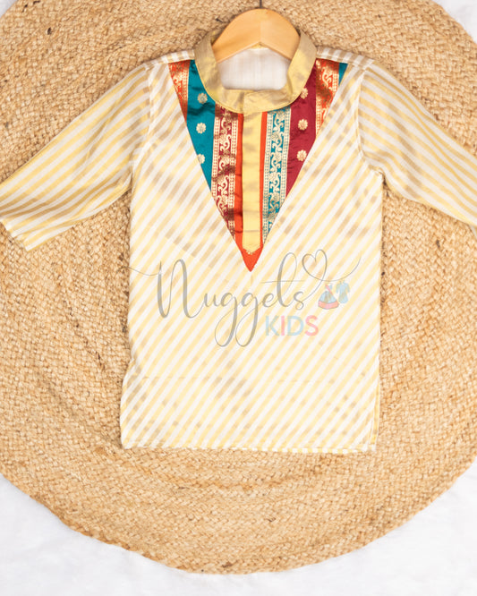 Pre Order: Cotton Kasavu Kurta with Brocade Patch Detailing and Tissue Dhoti with taping brocade detailing