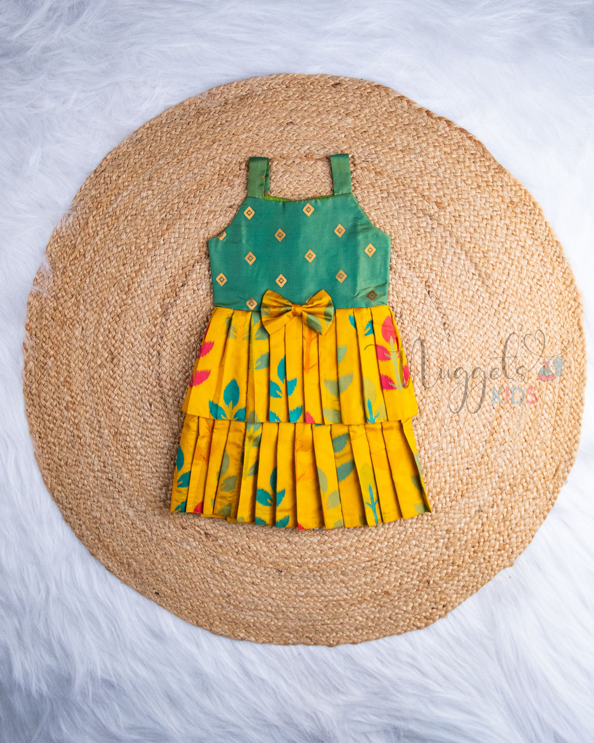 Ready to Ship: Yellow Ikkat Premium Kanchi Double layer Sleeveless Frock with Bow Detailing