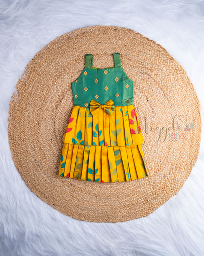 Ready to Ship: Yellow Ikkat Premium Kanchi Double layer Sleeveless Frock with Bow Detailing