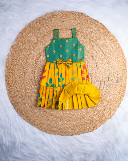 Ready to Ship: Yellow Ikkat Premium Kanchi Double layer Sleeveless Frock with Bow Detailing