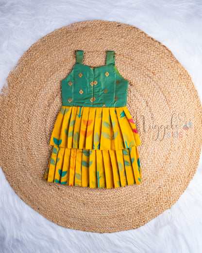 Ready to Ship: Yellow Ikkat Premium Kanchi Double layer Sleeveless Frock with Bow Detailing