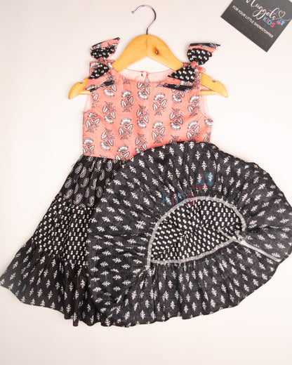 Ready to Ship: Peach and Black 3 tiered Cotton Frock with three layered bow at the shoulder