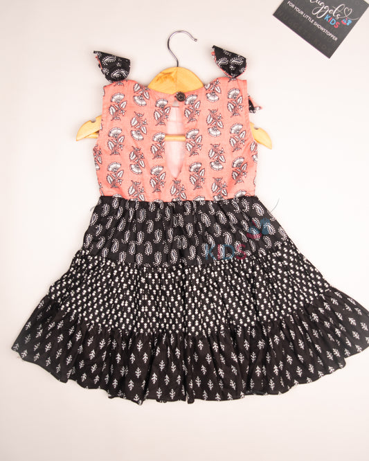 Ready to Ship: Peach and Black 3 tiered Cotton Frock with three layered bow at the shoulder