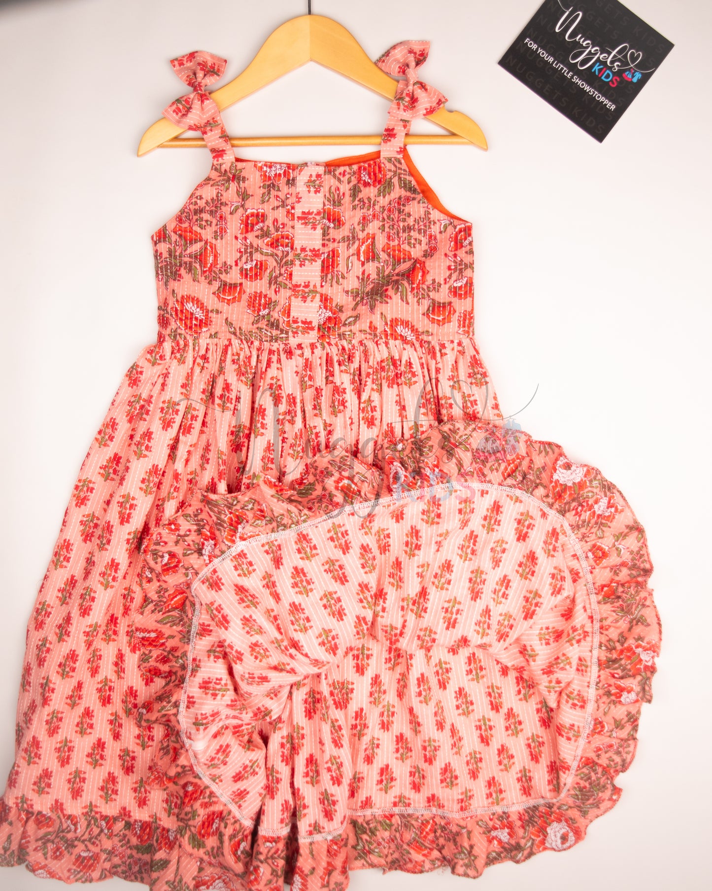 Ready to Ship: Peach Kantha Sleeveless Frock with patchwork yoke, shoulder bows and ruffle flare