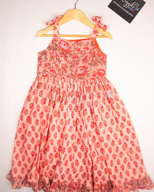 Ready to Ship: Peach Kantha Sleeveless Frock with patchwork yoke, shoulder bows and ruffle flare