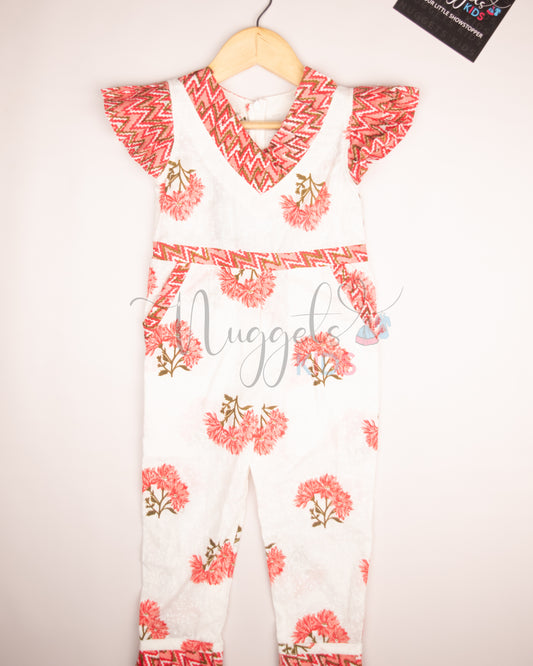 Ready to Ship: White and Peach Cotton Jumpsuit with pleated cap, sleeves and hem detailing