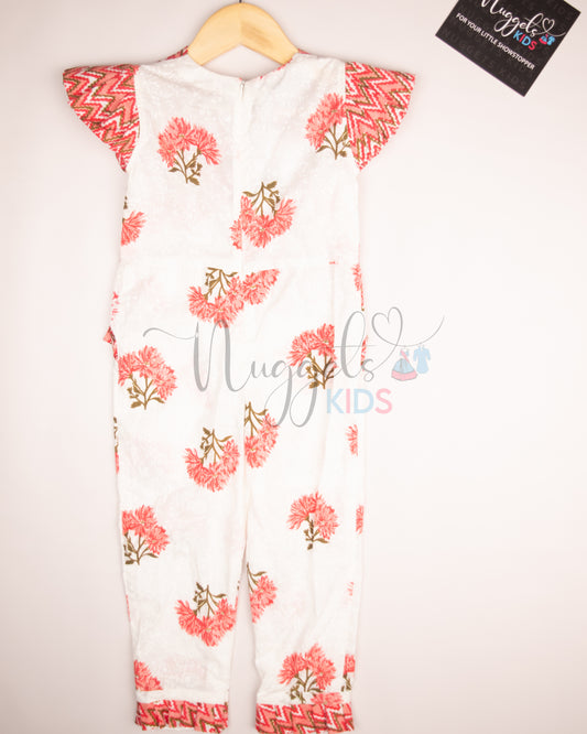 Ready to Ship: White and Peach Cotton Jumpsuit with pleated cap, sleeves and hem detailing