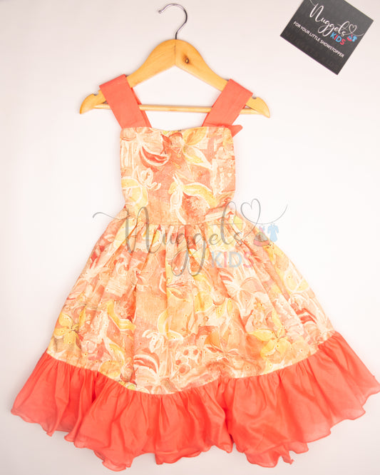 Ready to Ship: Peach Sleeves Hakoba Frock with solid shoulder strap and solid frill and designer tie style back and elasticated hip band