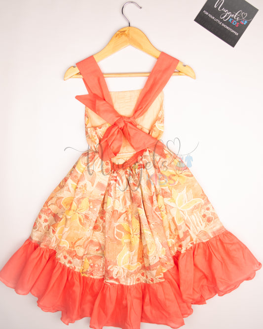 Ready to Ship: Peach Sleeves Hakoba Frock with solid shoulder strap and solid frill and designer tie style back and elasticated hip band