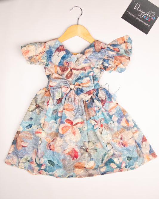 Ready to Ship: Blue Hakoba Frock with ruffle sleeves, bow detailing and designer tie style back