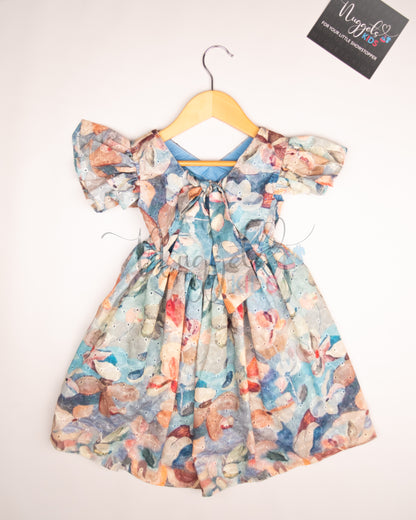 Ready to Ship: Blue Hakoba Frock with ruffle sleeves, bow detailing and designer tie style back