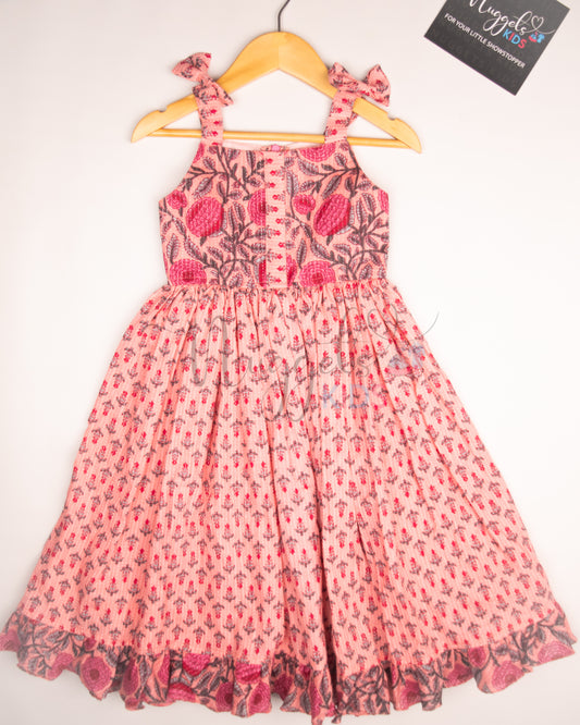Ready to Ship: Mauve Kantha Sleeveless Frock with patchwork yoke, shoulder bows and ruffle flare