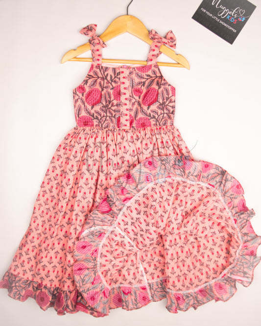 Ready to Ship: Mauve Kantha Sleeveless Frock with patchwork yoke, shoulder bows and ruffle flare