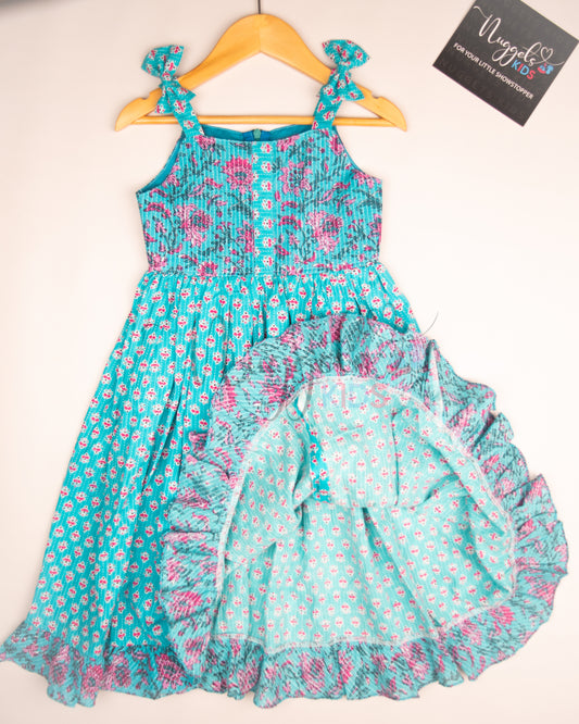 Ready to Ship: Sky blue Kantha Sleeveless Frock with patchwork yoke, shoulder bows and ruffle flare